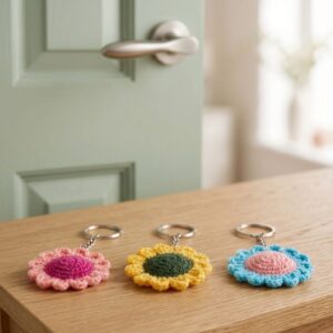 Set of keychains lying on a table colours in pink yellow and blue